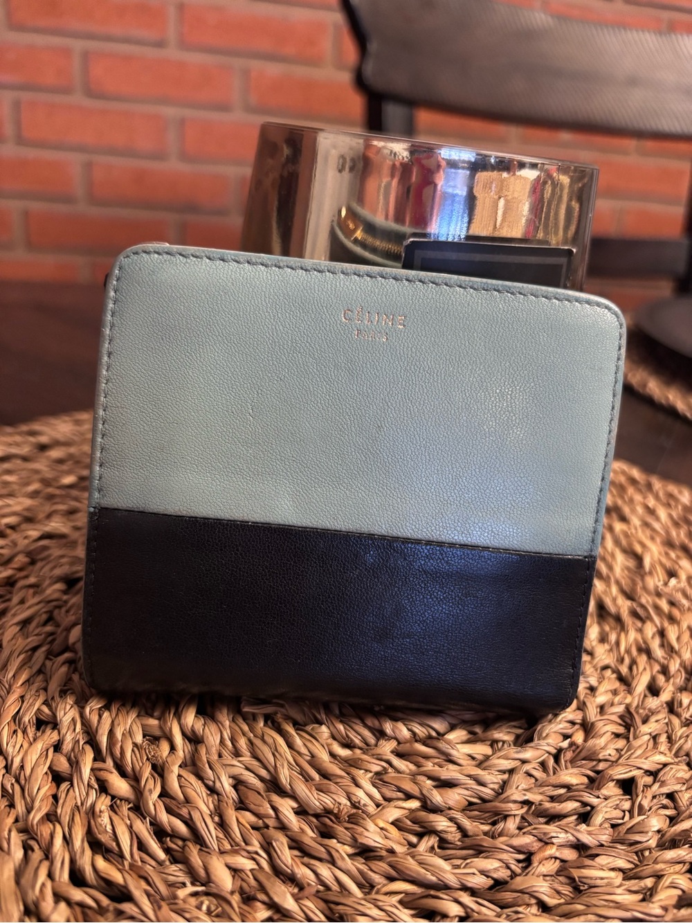Celine Two-Tone Leather Zip Card Wallet - Mint blue & Black